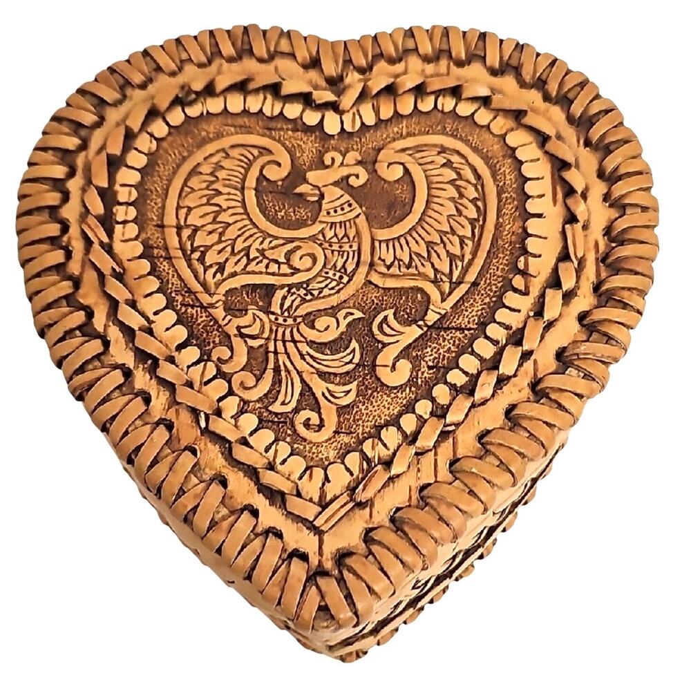 Russian Birch Bark Wood Intricately Woven Heart-Shaped Trinket Box w/Bird Lid